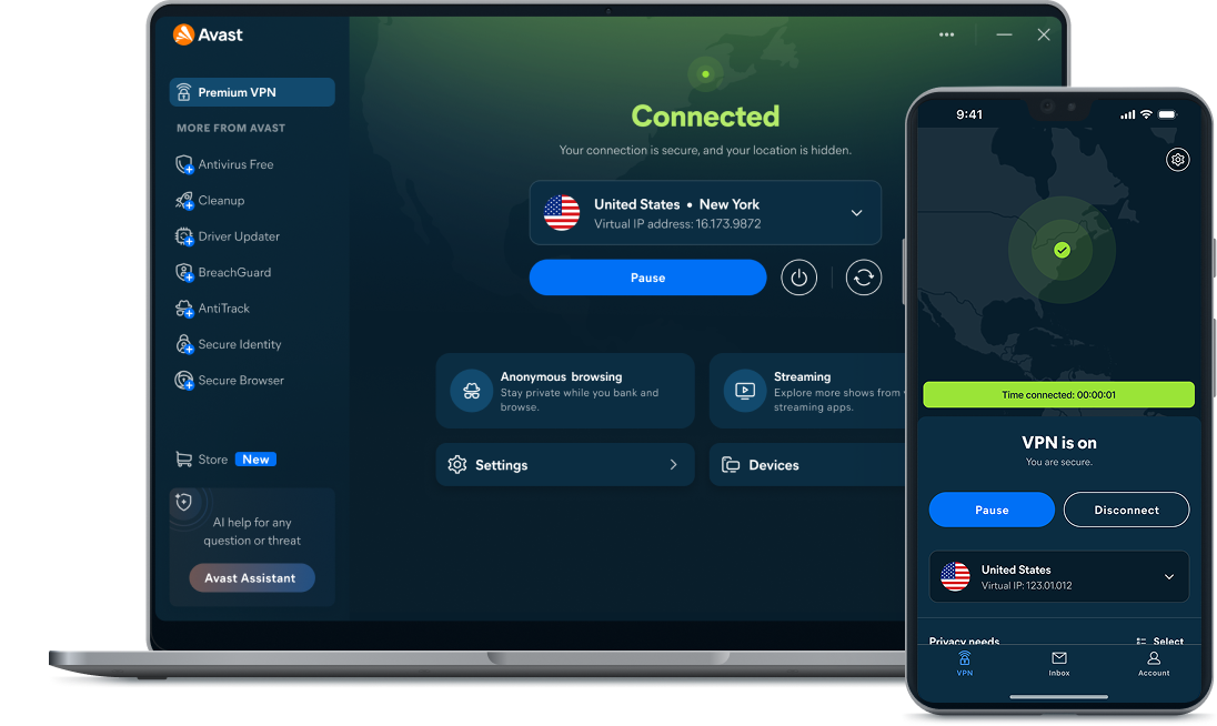 Ноутбук і стільниковий телефон із демонстрацією Avast VPN